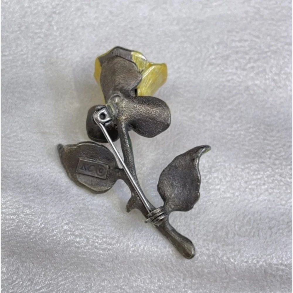 Vintage Signed KC Kenneth Cole Yellow Enamel Rose Brooch Pin Leaf Stem 80s